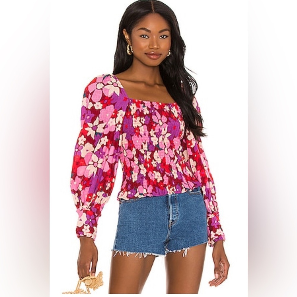 Free People Pink and Red Smocked Crop Top with Puff Sleeves‎